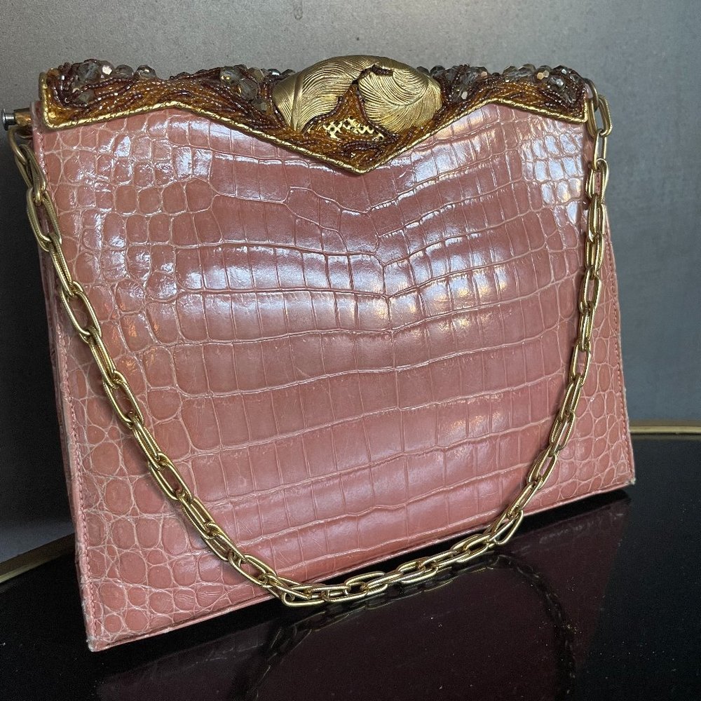 Vintage Lucille De Paris Genuine Crocodile Beaded Handbag